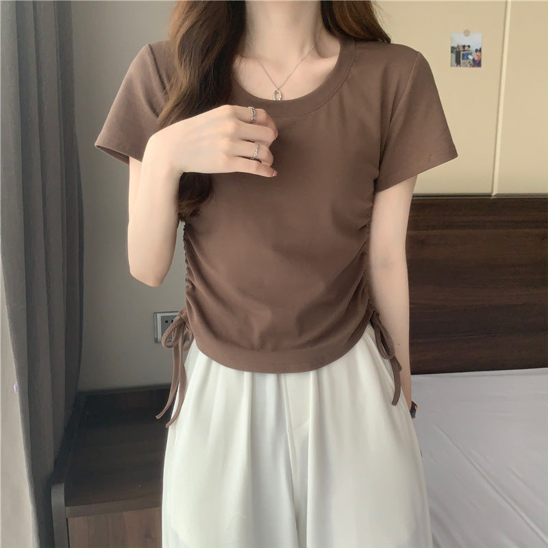 Women's Neck Drawstring Slimming Short-sleeved Design Sense Korean Slim Bottoming Shirt Women's T-shirt
