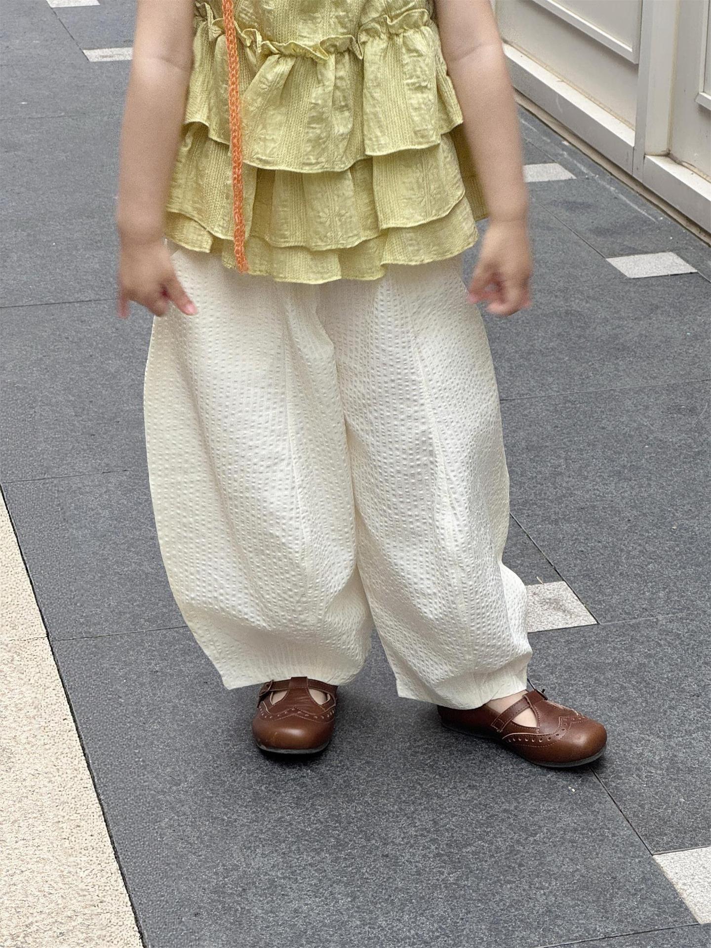 Fresh Avocado Color Ruffled Spaghetti Straps Top Bubble Pinstripe Loose Children's Suit