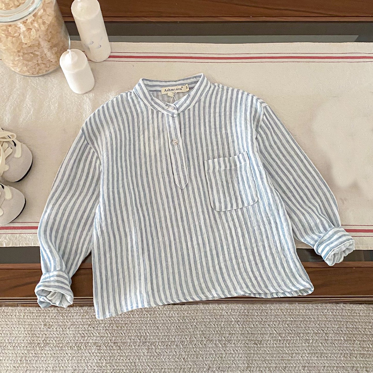 Children's Loose Linen Cotton Long-sleeved Korean Simple Vertical Children's T-shirt