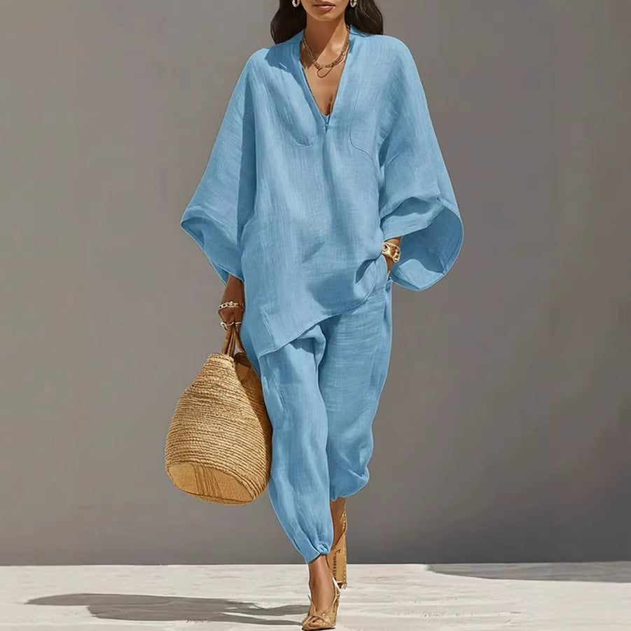 Women's Two-piece Idle Style Design Loose Shirt Suits
