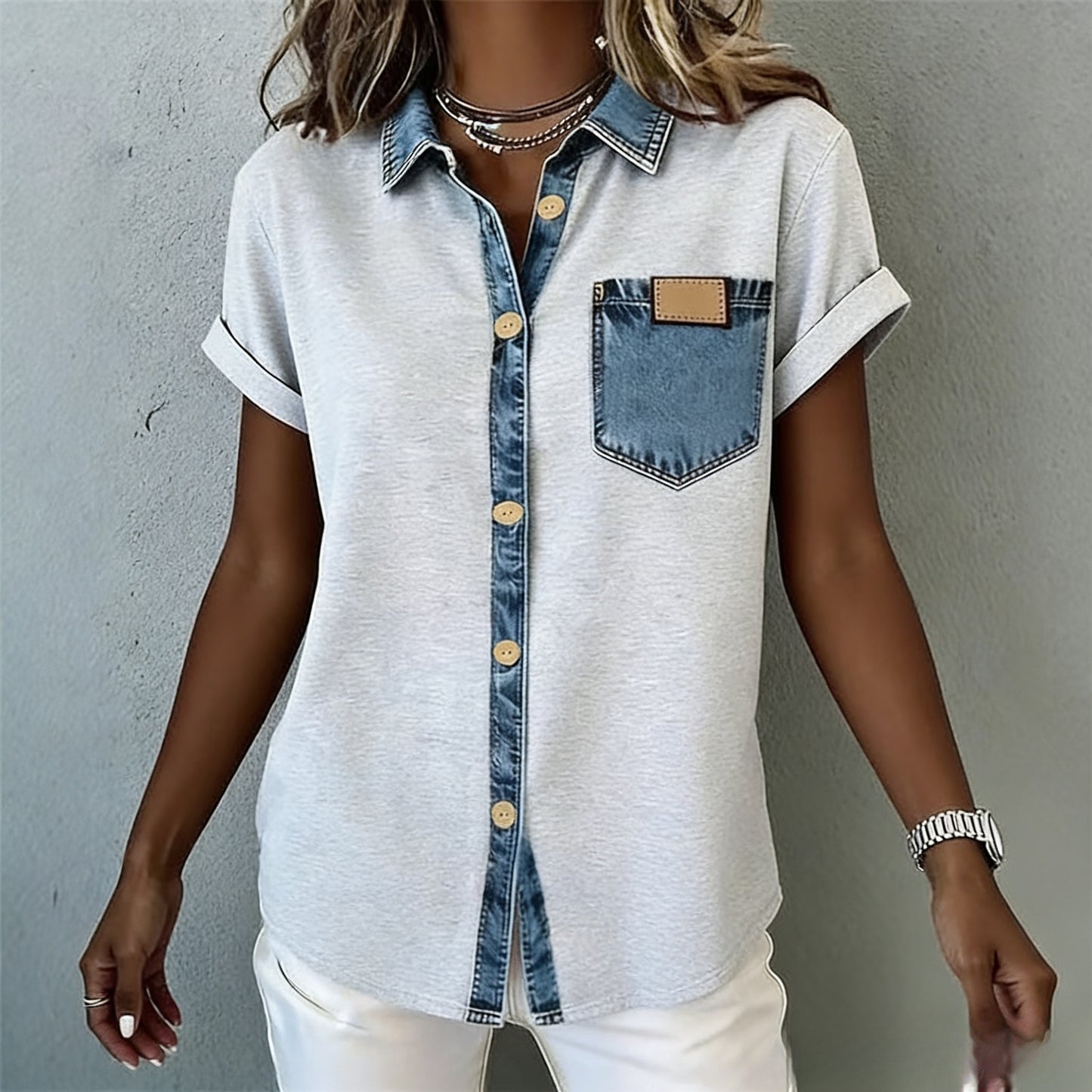 Women's Vintage Casual Pocket Stitching Lapel Sleeve Blouses