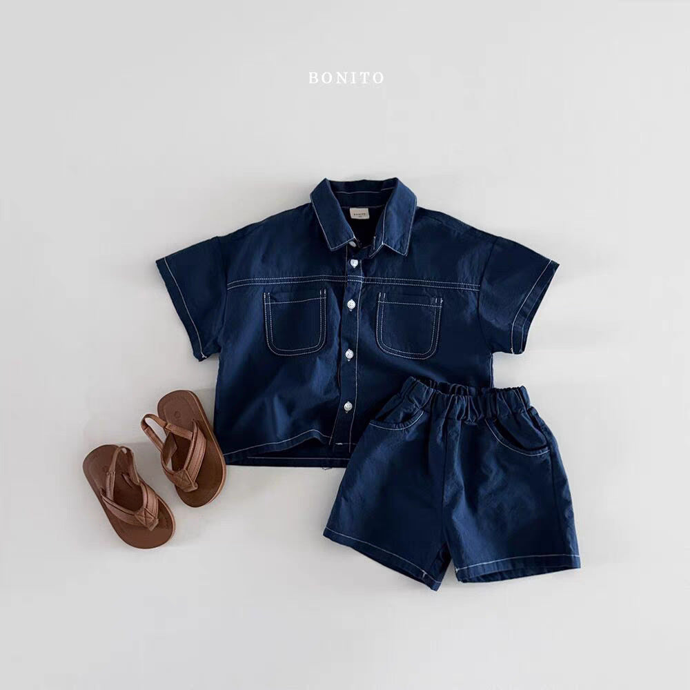Children's Korean Style Summer Clothing Boys Trendy Soft Denim Bright Line Children's Suit