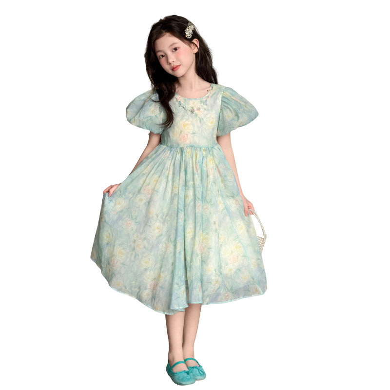 Summer Fresh Puff Sleeve Lightweight Large Children's Dress