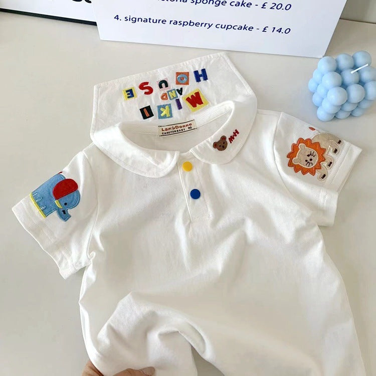 Children's Cartoon Embroidery Navy Style Short Sleeve Top Cute Children's T-shirt