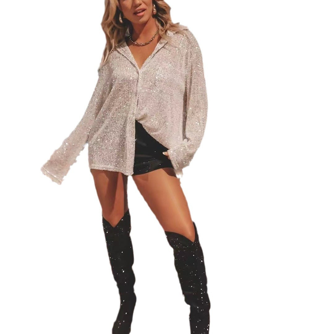Women's Fashionable Sequins Long Sleeve Lapel Temperament Leisure Blouse