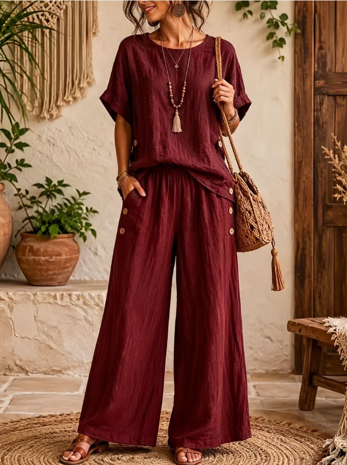 Women's Linen Round Neck Sleeve High Waist Loose Wide Leg Fashion Casual Suit