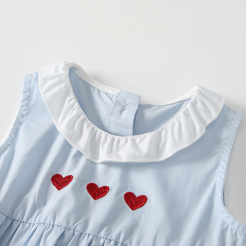 Summer Love Heart Flowers Embroidered Thin Lace Collar Children's Dress