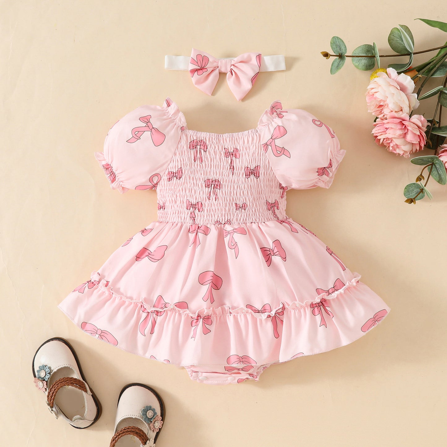 Pink Smocking Craft Short Sleeve Triangle Gown Bow Printed Square Jumpsuit, Climbing Suit