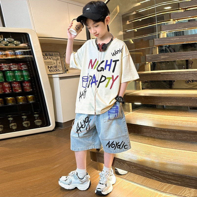 Short-sleeved Denim Medium Large Boy Thin Type Children's Suit