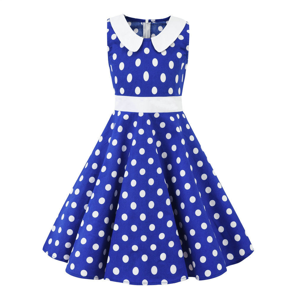 Retro Polka Dot Doll Collar Cinched Sleeveless Daily Children's Dress