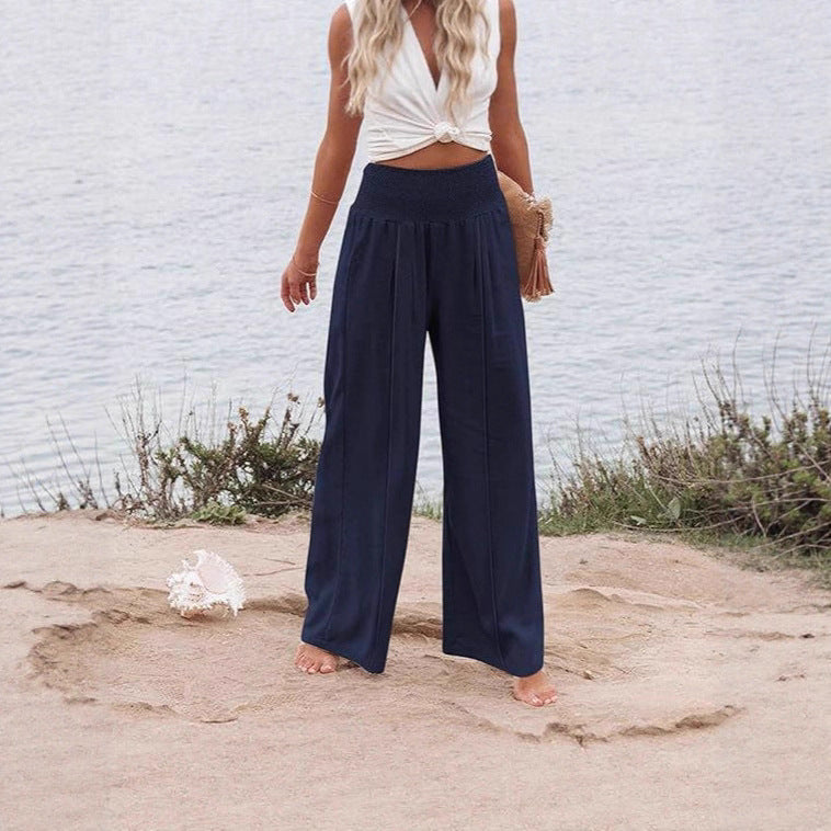 Women's Solid Color Elastic Waist Wide Leg Trousers Casual Pants
