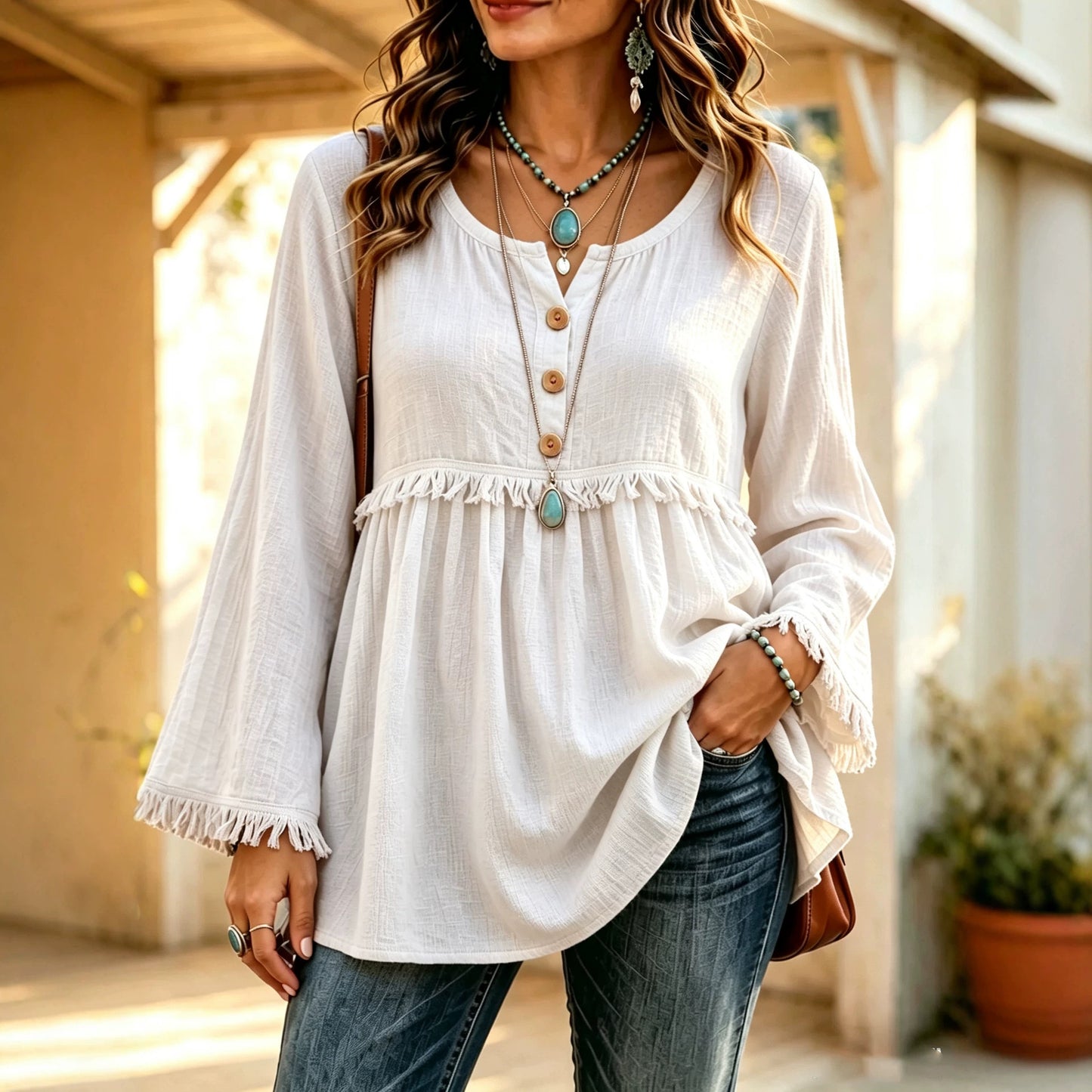 Women's Casual Loose Button Fashion Tassel Solid Color Tops