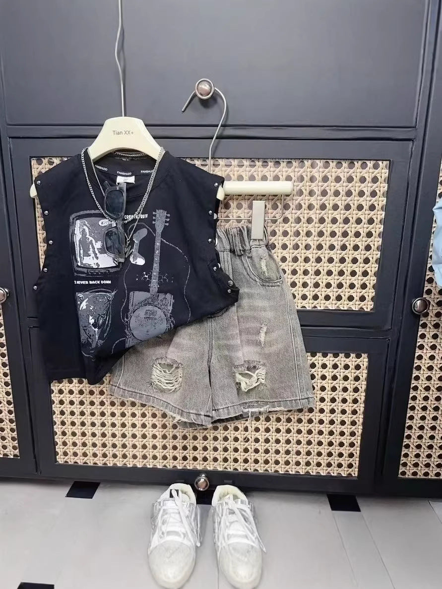 Children's Korean Printed Top Two-piece Fashionable Handsome Children's Suit