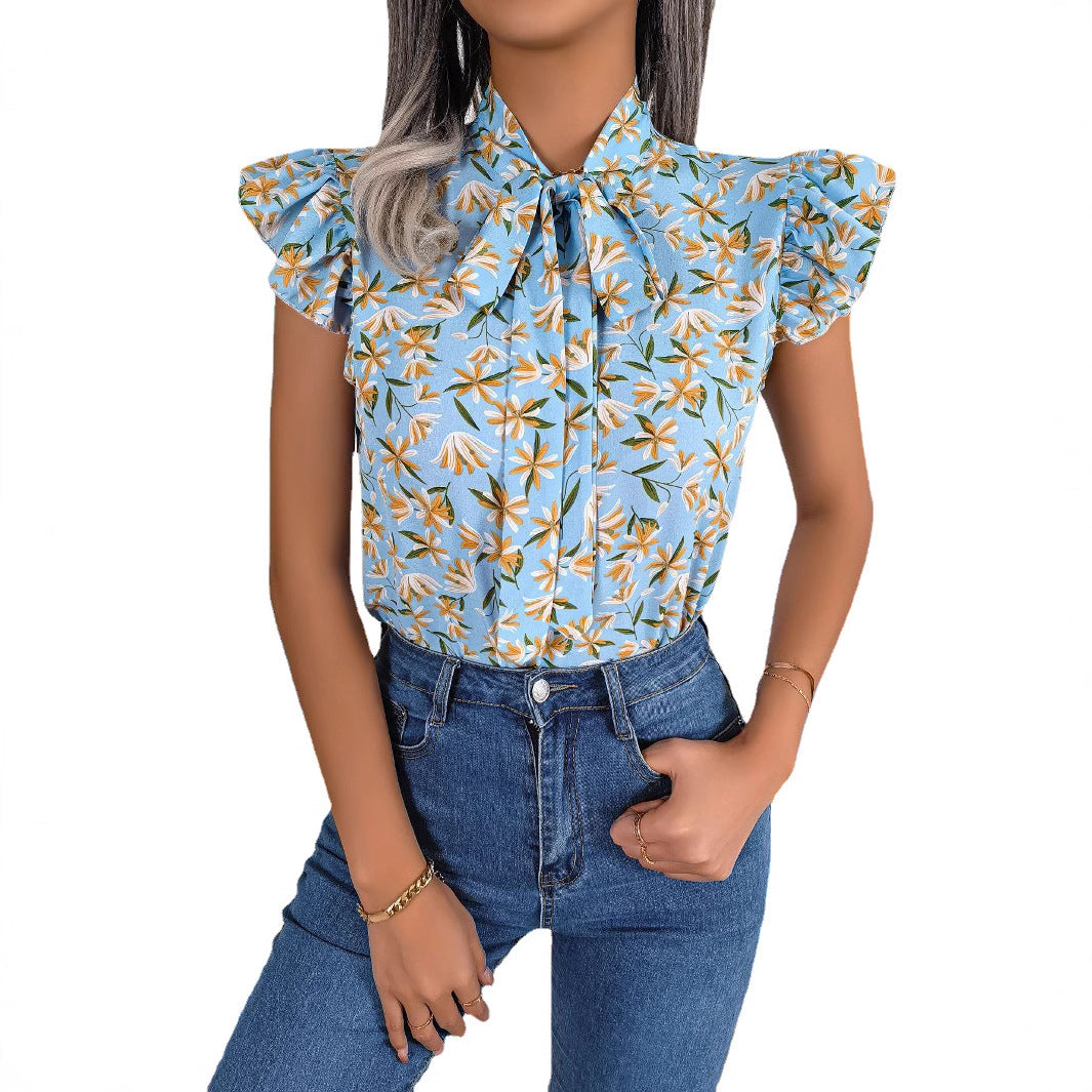 Women's Casual Floral Stringy Seedge Bow Lace Shirt, Chiffon Shirt