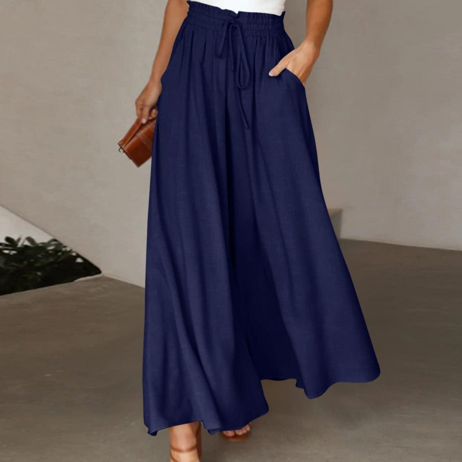 Women's Summer Elastic Waistband Wide Leg High Waist Long Culottes Casual Pants