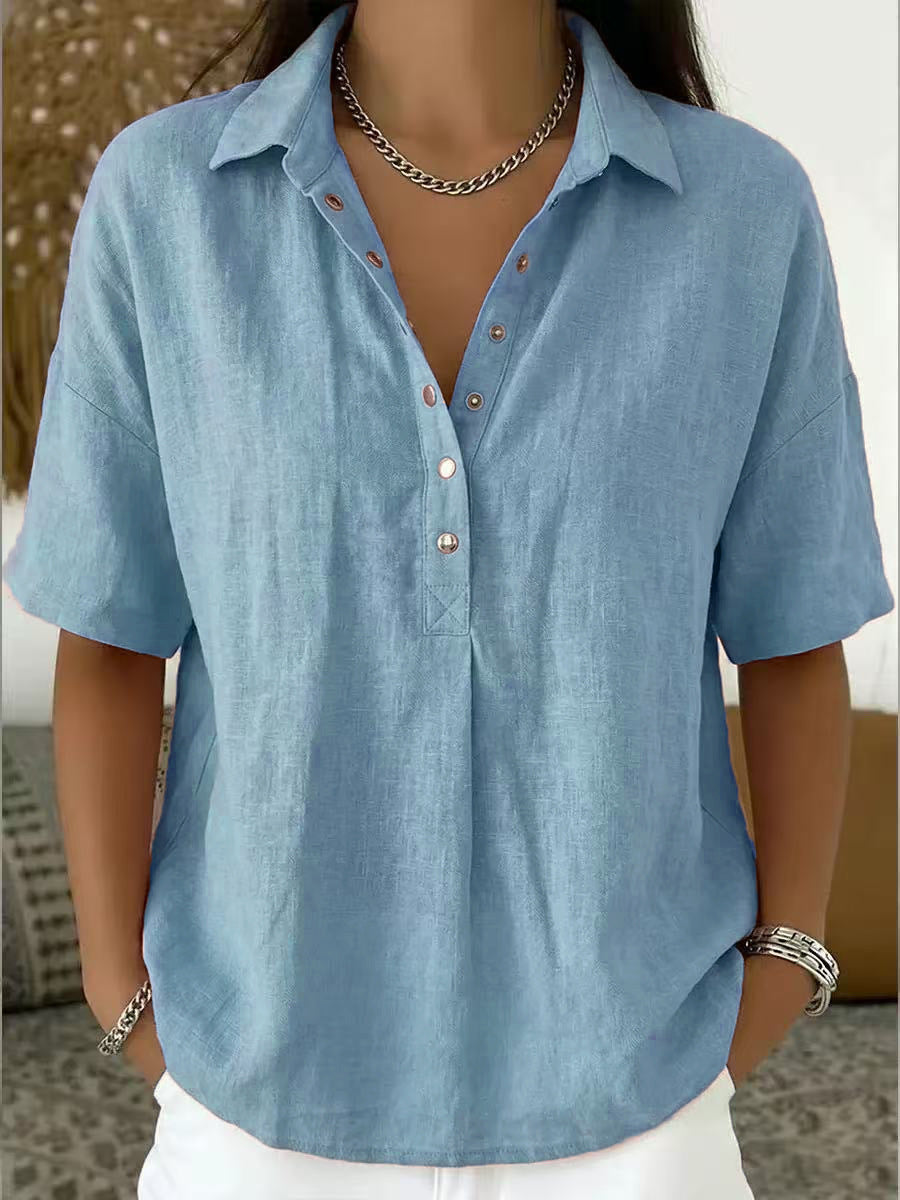 Women's Summer Loose Snap Fastener Lapel Sleeve Solid Color Women's T-shirt