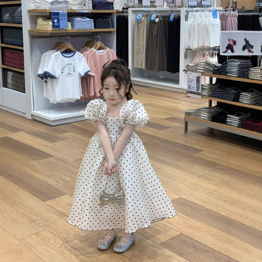 Polka Dot Pearlescent Yarn Little Puff Sleeve Children's Dress
