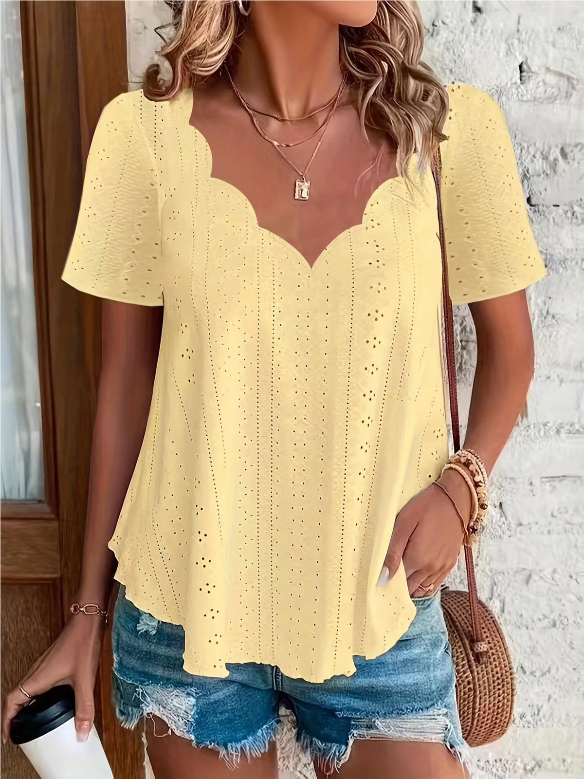 Women's Fashion Summer Casual Solid Color Scallop Women's T-shirt