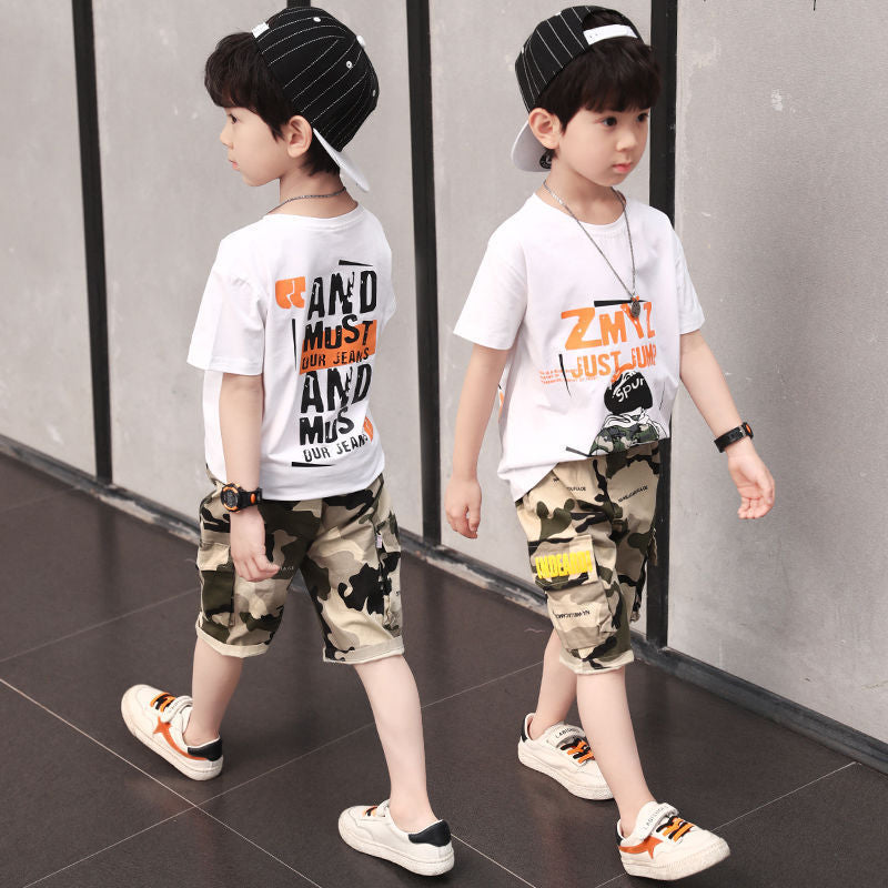 Children's Short-sleeved Summer Clothes Middle Big Camouflage Two-piece Hip Hop Children's Suit