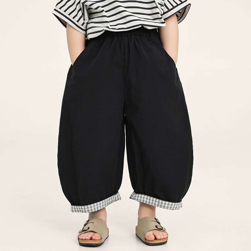 Children's Summer Korean Plaid Contrast Color Cropped Wide Children's Pants