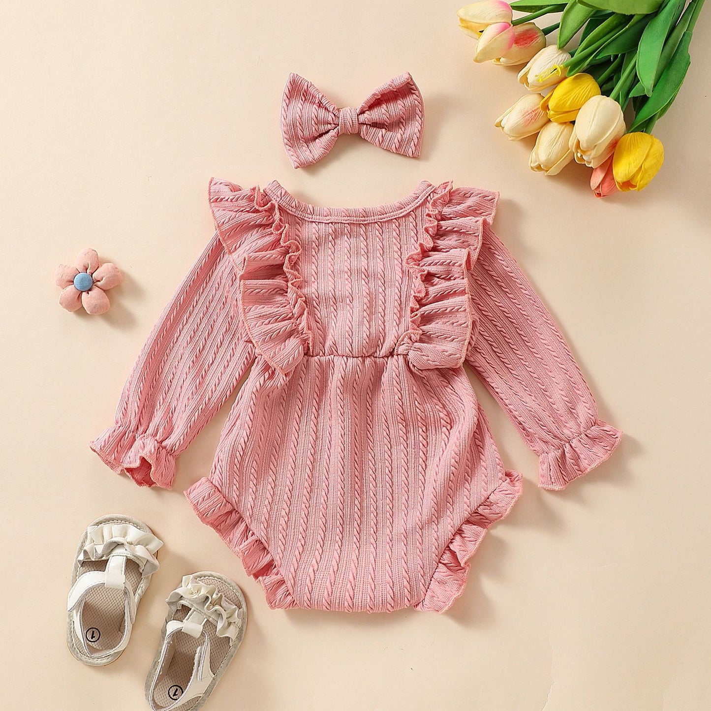 Long Sleeve Bowknot Sunken Stripe Romper Headscarf Two-piece Set Sweet Jumpsuit, Climbing Suit