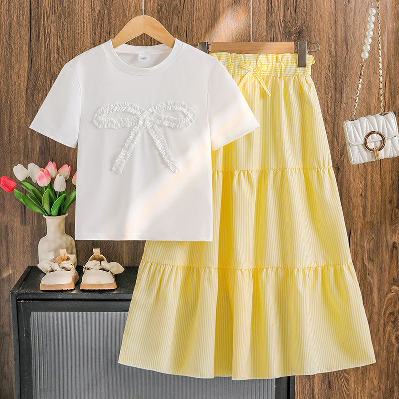 Bow Short-sleeved Shirt Bohemian Style Tiered Children's Suit