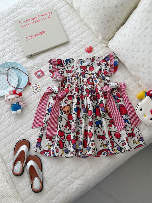 Summer Cat Combed Cotton Flounced Sleeve Princess Children's Dress