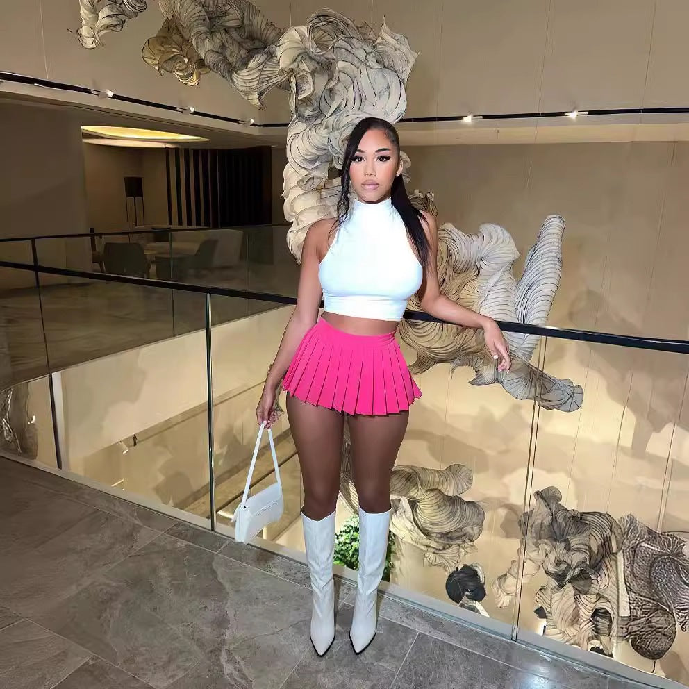 Women's Summer Solid Color Sexy Mini Pleated Skirt
