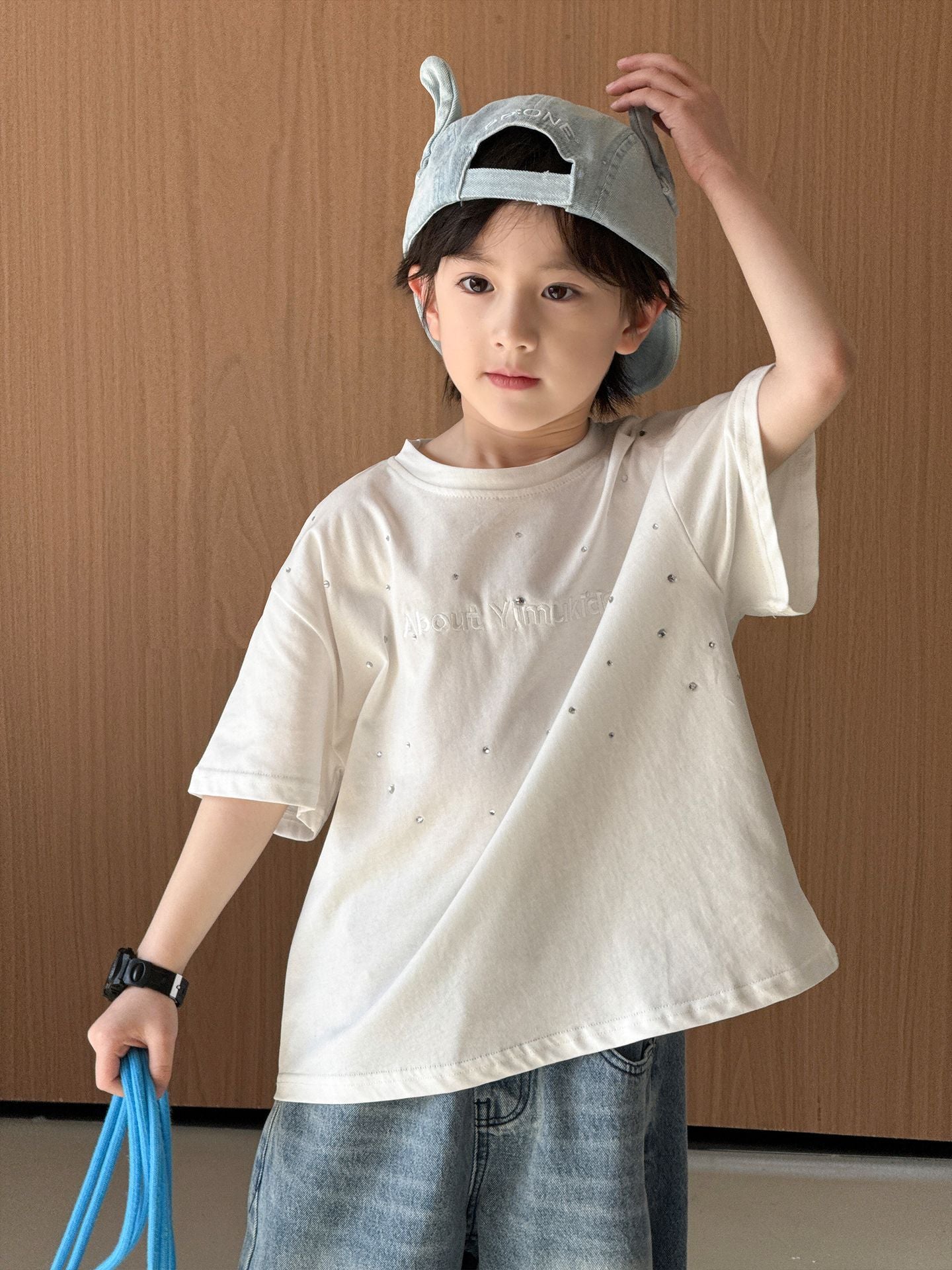 Children's Summer Trendy Top Hot Drilling Craft Round Neck Pullover Leisure Children's T-shirt