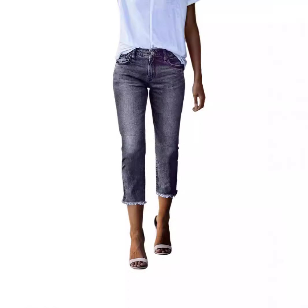 Women's Summer Washed Fashionable Stretch Slim Cropped Women's Jeans