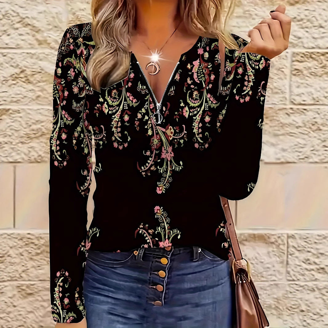 Women's Long Sleeve Flower Print Half Casual Tops
