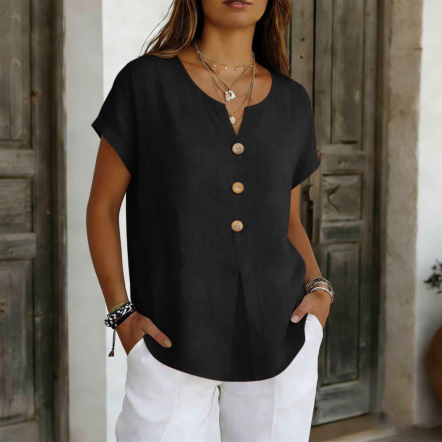 Women's Summer Solid Color Fashion Sleeve Button Cotton Linen Women's T-shirt