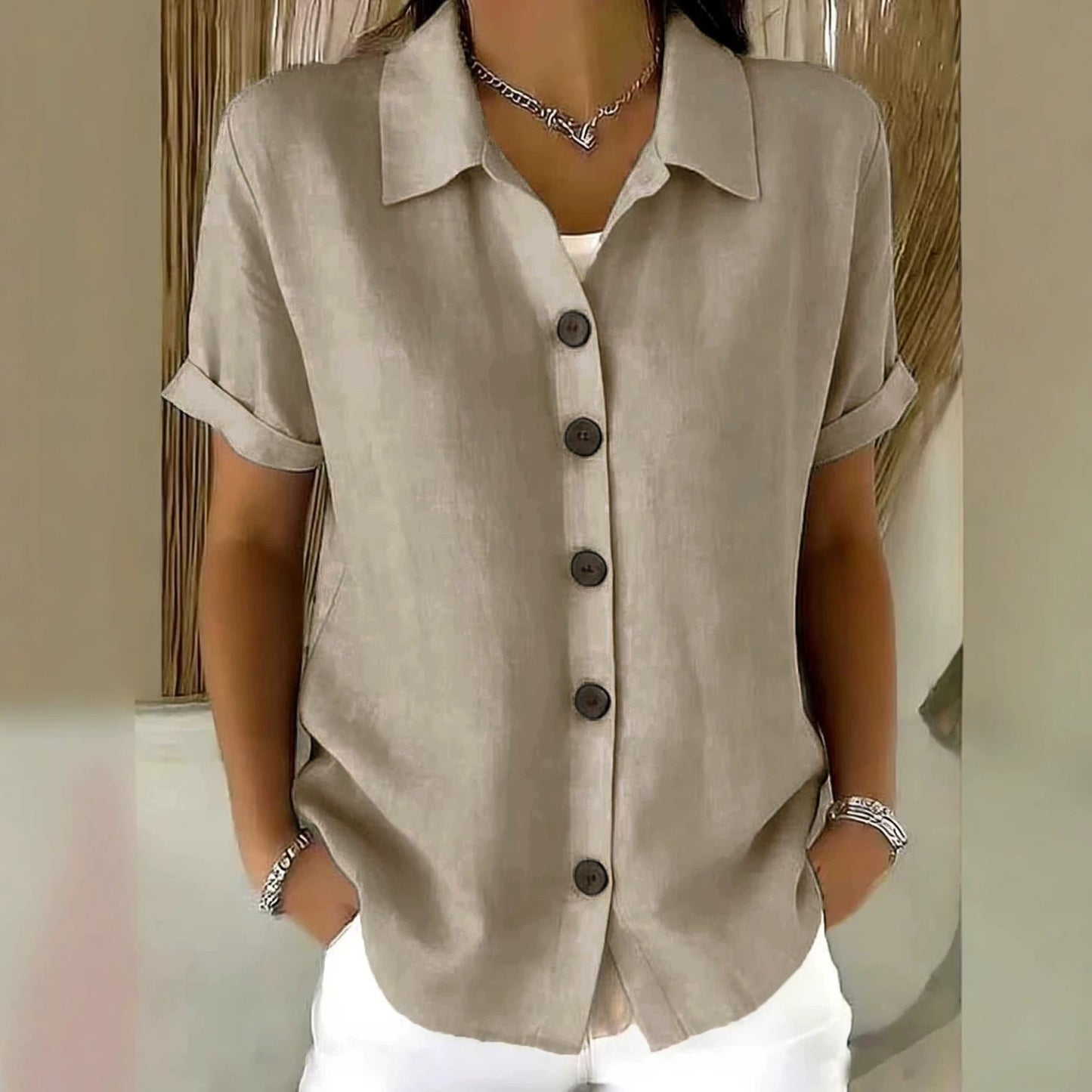 Summer Solid Color Polo Collar Shirt Button Casual Comfortable Shorts