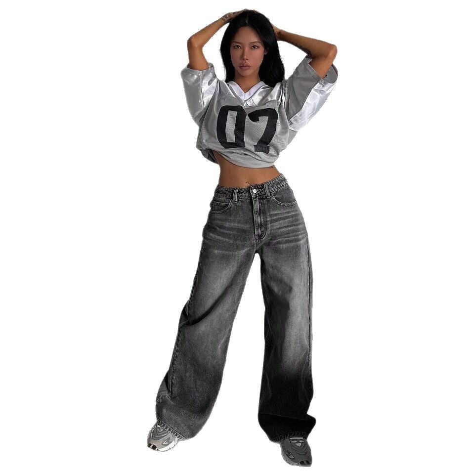 Women's Gray Distressed Autumn Design High Waist Slimming Washed Jeans