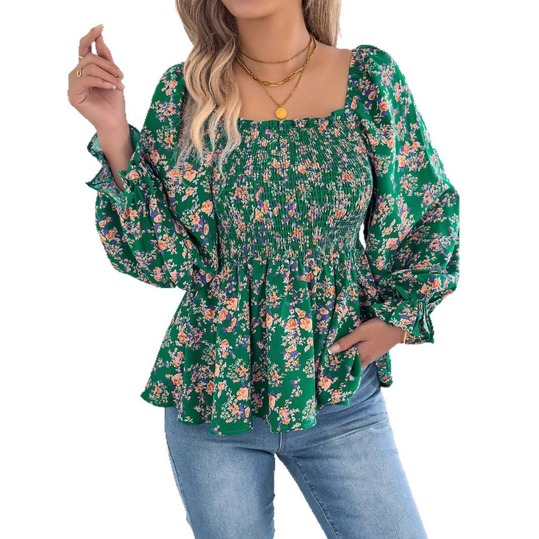Women's Casual Square Collar Bell Sleeve Floral Blouses