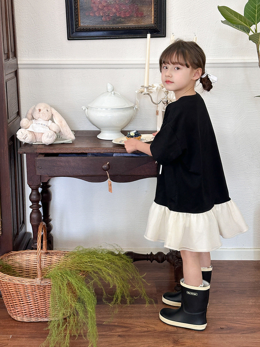 Fashionable T-shirt Bow Short-sleeved Letter Fake Children's Dress
