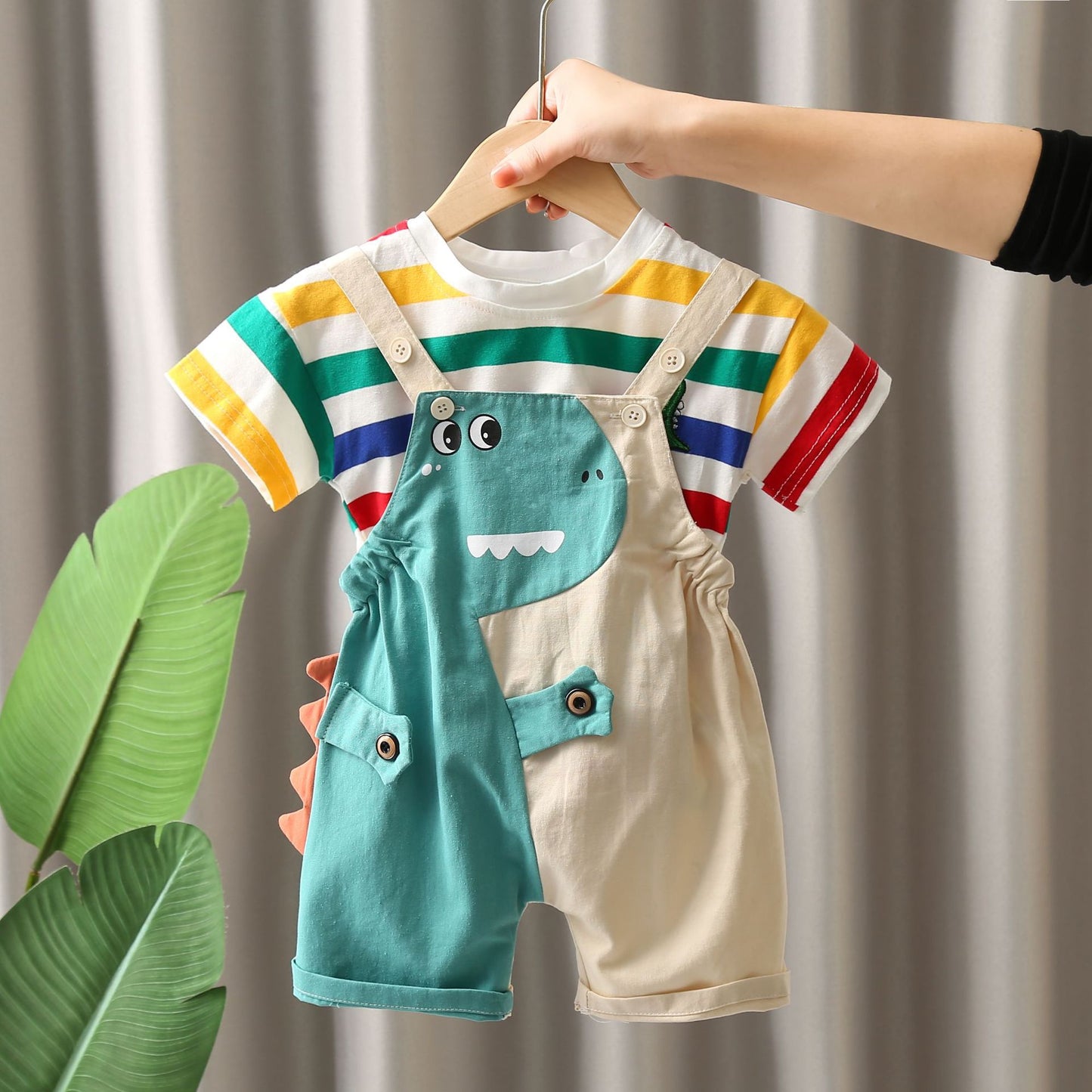 Children's Summer Striped Dinosaur Strap Short Sleeve Boy's Children's Suit