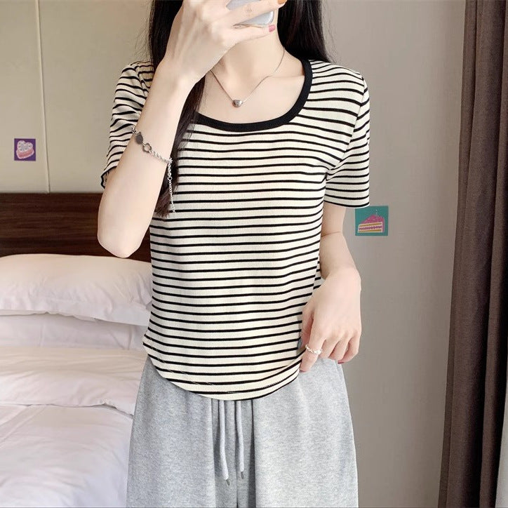 Women's Square Collar Striped Short-sleeved Summer Slim Fit Women's T-shirt
