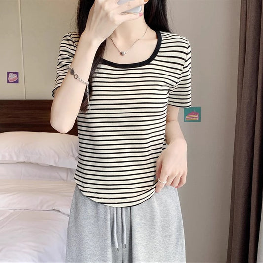 Women's Square Collar Striped Short-sleeved Summer Slim Fit Women's T-shirt