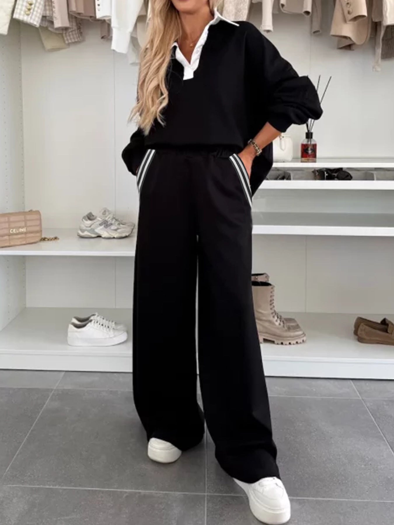 Straight Loose Fashionable Striped Composite Veet Fashion Casual Suit