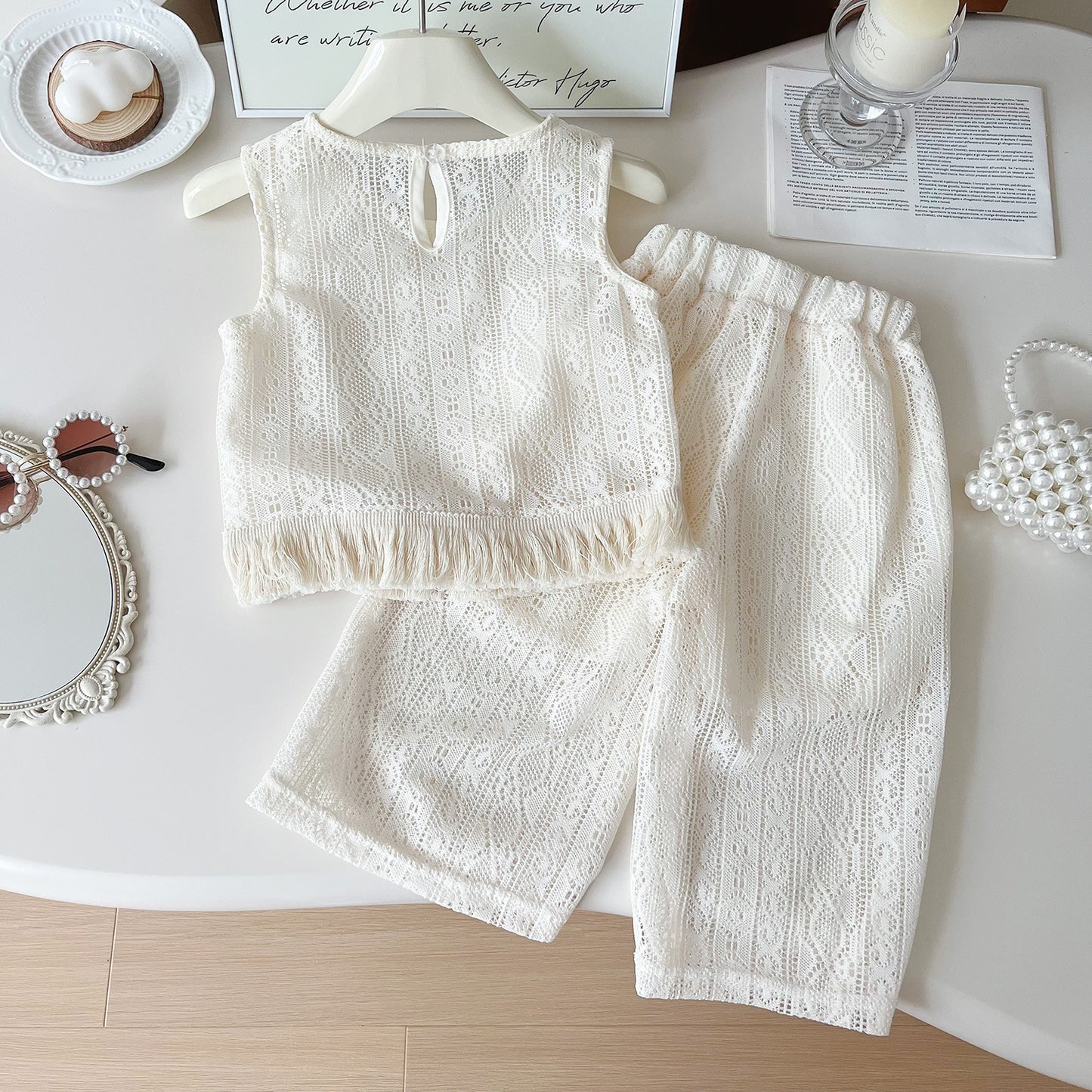 Summer Korean Style Lace Mesh Flower Vest Pants Refreshing Children's Suit