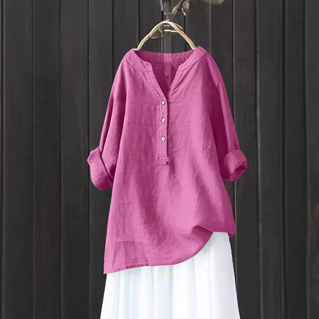 Women's Loose Solid Color Shirt Cotton Linen Pocket Long Blouse