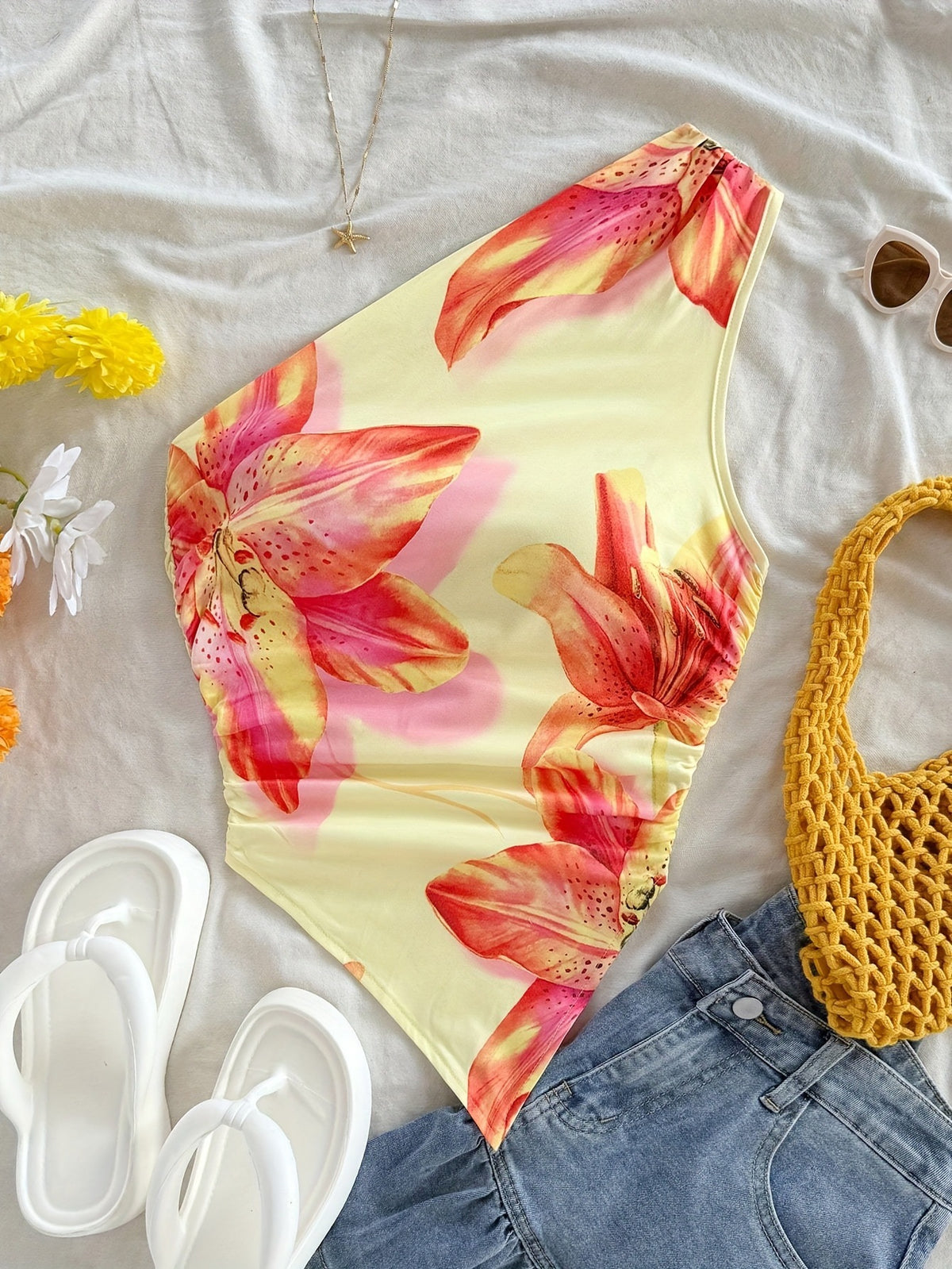 Printed Flower Print Summer Plant Oblique Small Vest/suspenders/tube Top