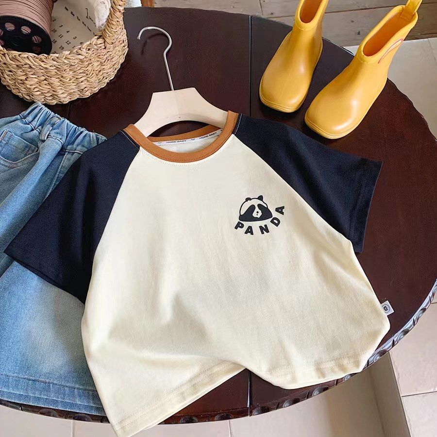 Children's Boy's Short-sleeved Summer Raglan Sleeve Cartoon Panda Contrast Children's T-shirt