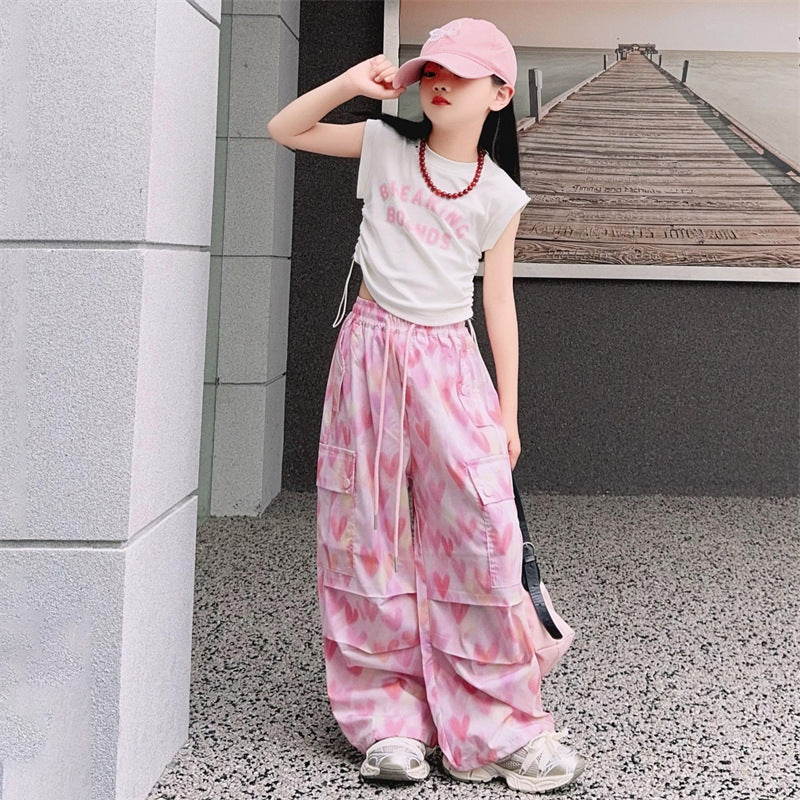 Loose Trousers Middle Big Letter Drawstring Short Sleeve Children's Suit