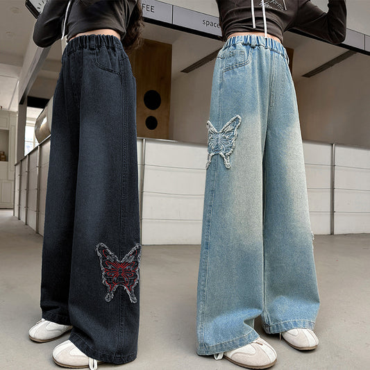 Children's Jeans Big American Butterfly Embroidered Loose Fried Children's Pants