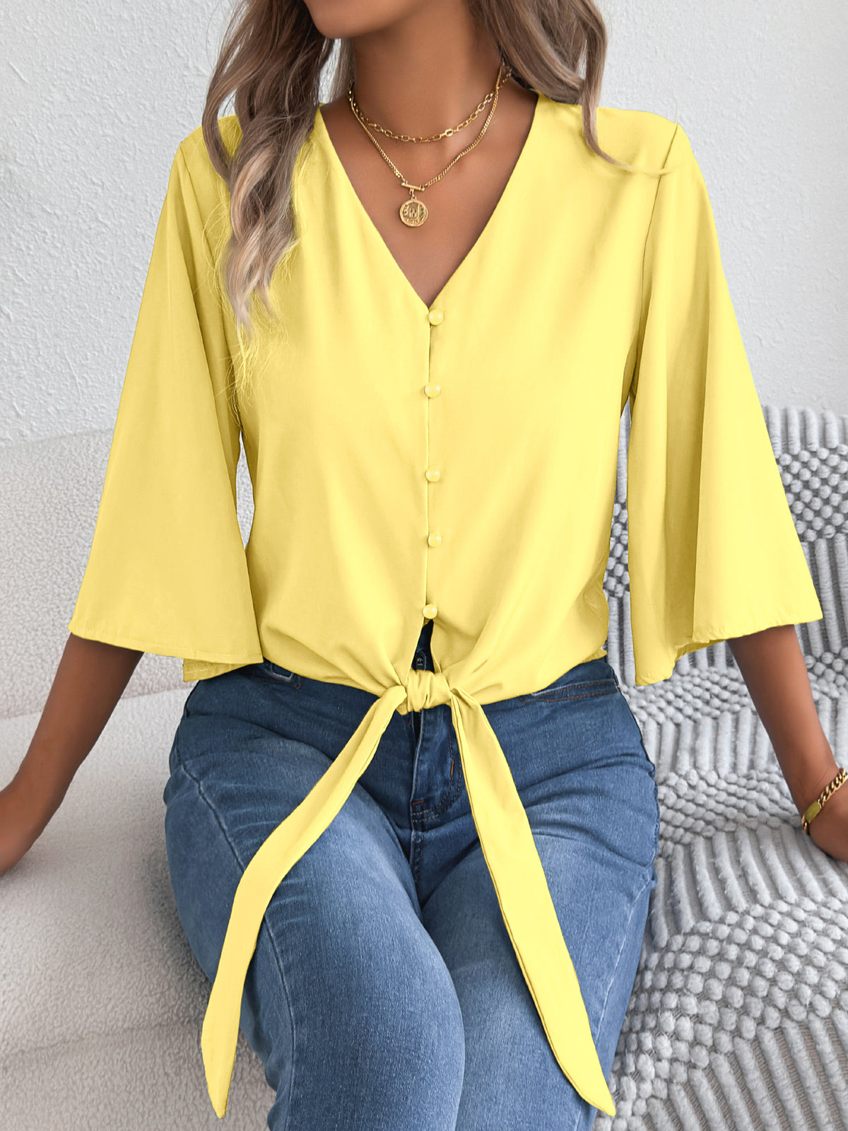 Women's Casual Button Three-quarter Sleeve Knotted Lace Shirt, Chiffon Shirt