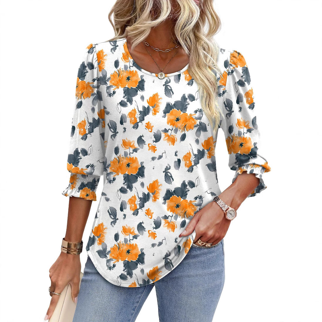 Women's Summer Smocking 7-point Sleeve Round Neck Women's T-shirt