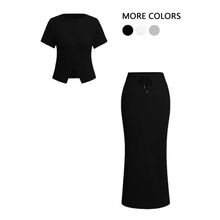 Summer Buttoned Short-sleeved Dress Female Ornament Fashion Casual Suit