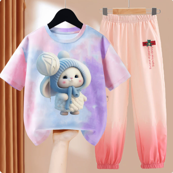 Clothes T-shirt Medium Large Short Sleeved Ice Silk Trousers Two-piece Children's Suit